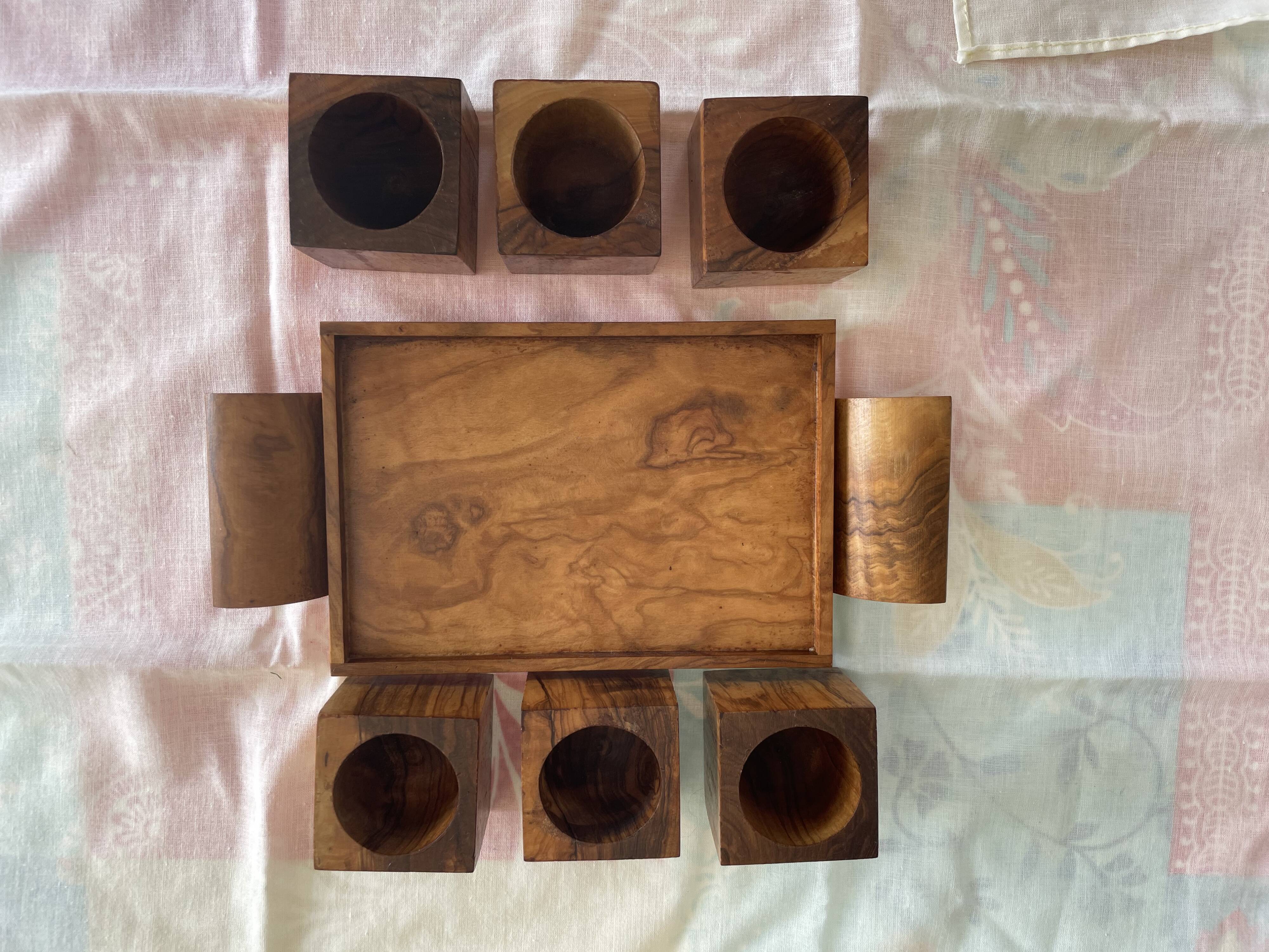 6 cube egg cups on tray with handles Olive wood Vintage 1970