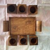 6 cube egg cups on tray with handles Olive wood Vintage 1970