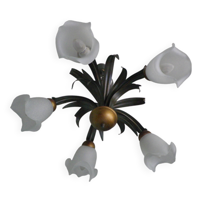 Suspension à 5 feux en verre blanc givré, 1970