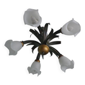 Suspension à 5 feux en verre blanc givré, 1970
