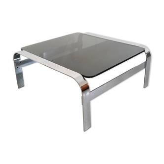 Square vintage coffee table in smoked glass and chromed metal from the 70s