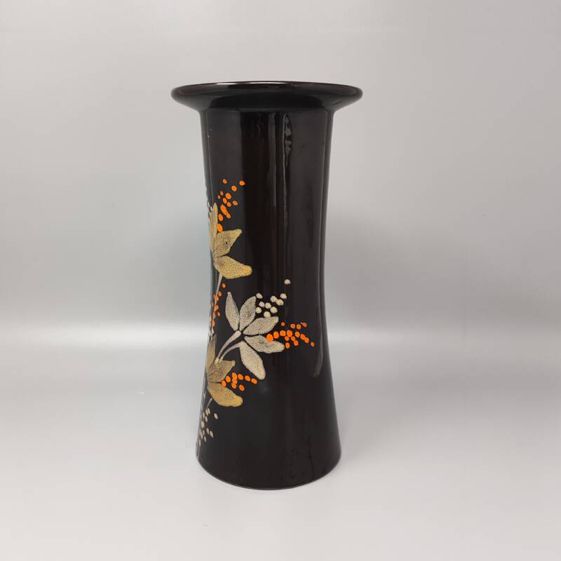 1970s brown vase ceramic by SIC hand-painted. Made in Italy