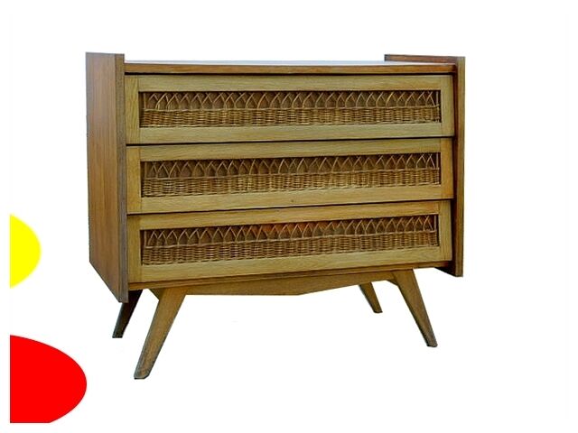Vintage rattan chest of drawers 1950 1960 golden oak compass feet