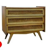 Vintage rattan chest of drawers 1950 1960 golden oak compass feet