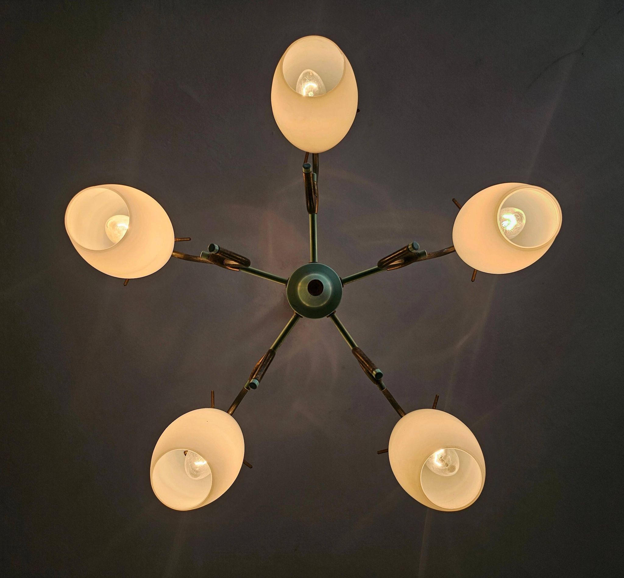 Opaline glass and brass chandelier mid-century Stilux Milano 1950s