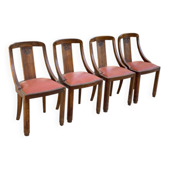 Lot de 4 chaises gondole art déco en bois massif chêne cuir skaï bordeaux