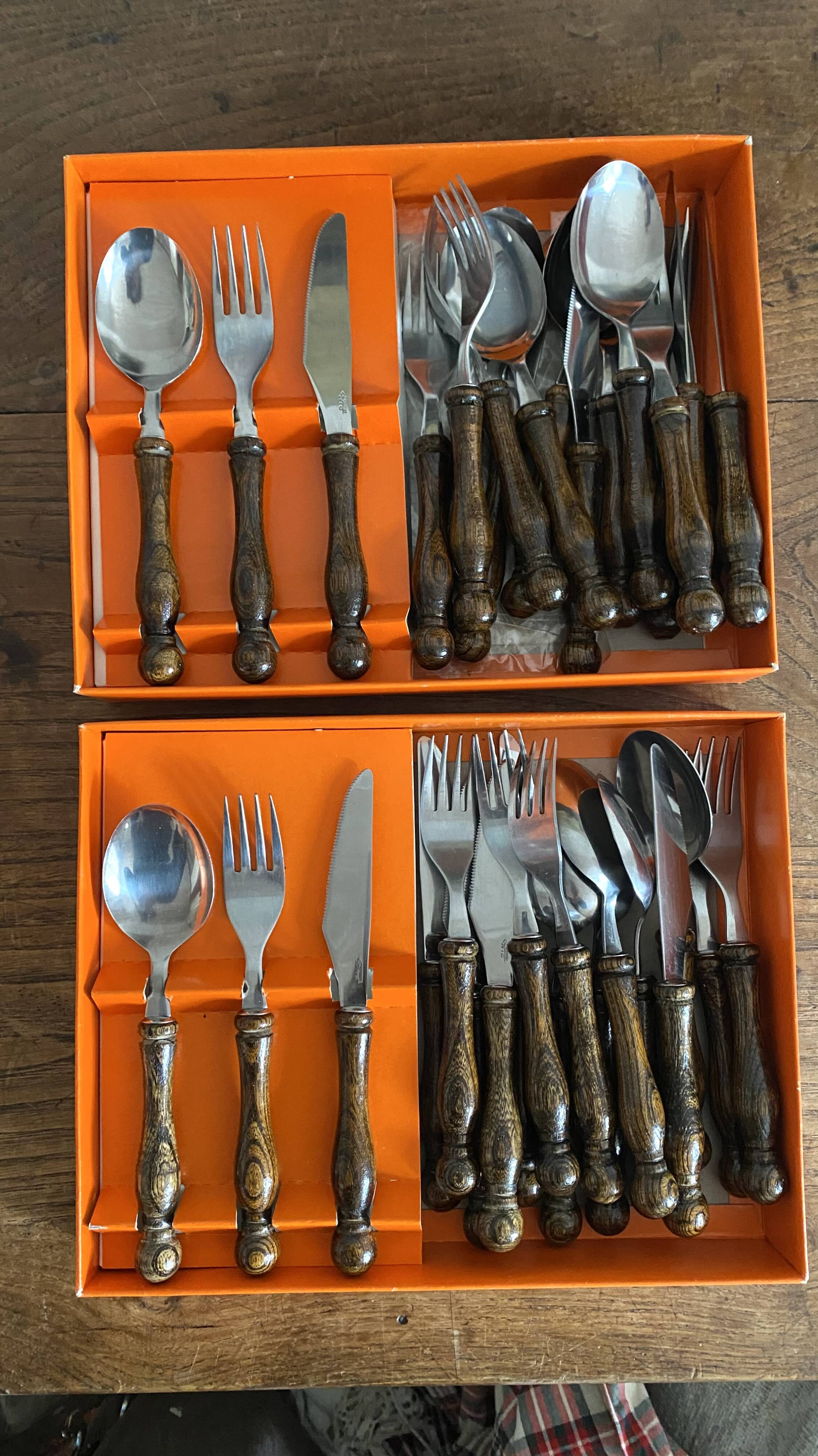 36-piece cutlery set with wooden and stainless steel handles, 1970s