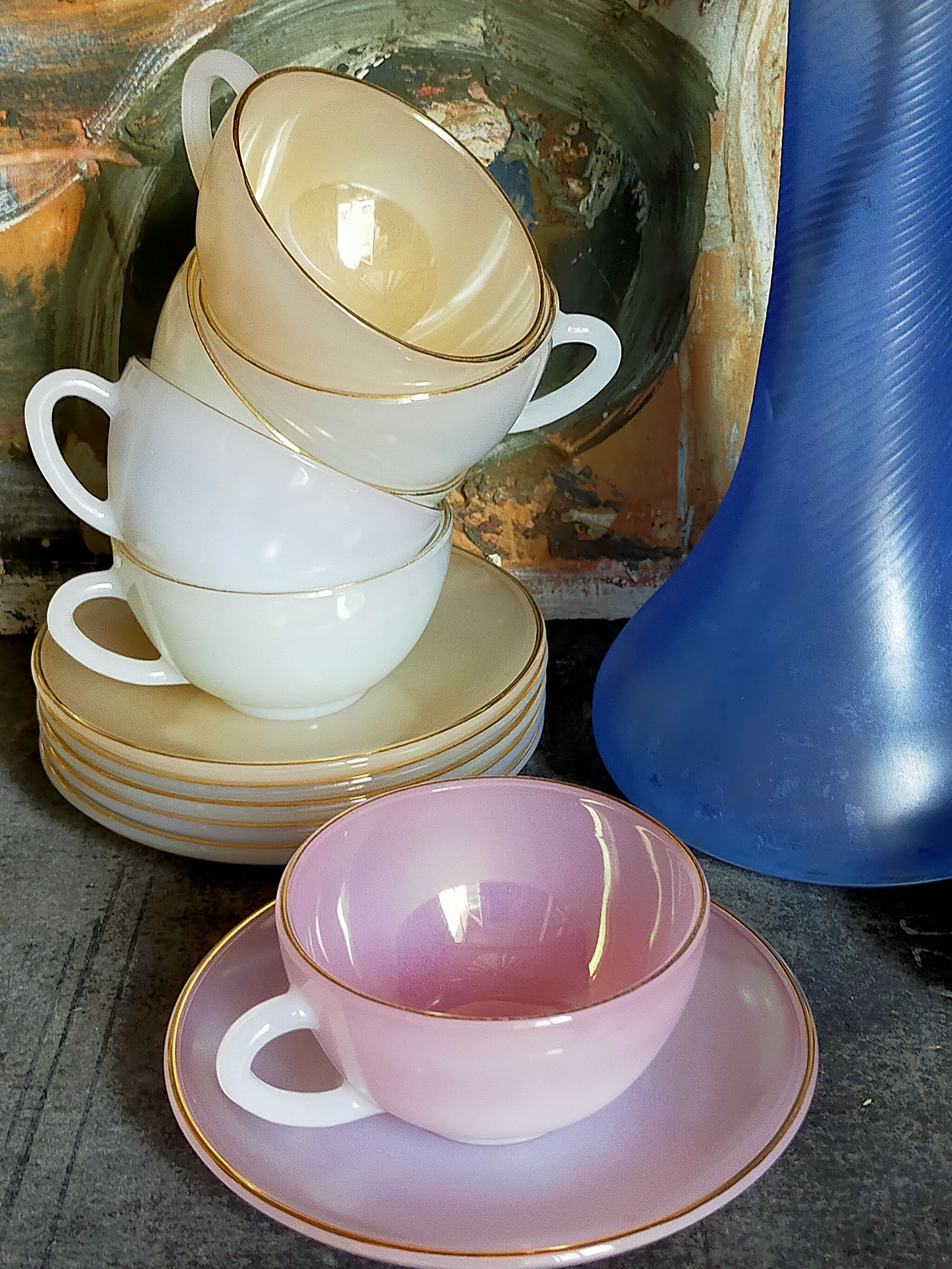 Six vintage iridescent pastel arcopal opaline cups