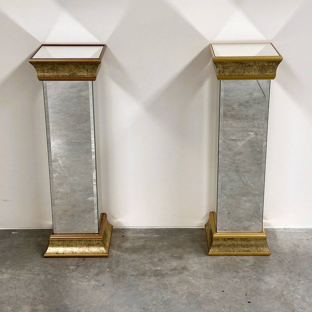 Pair of Deknudt mirrored pedestals / plinths in gilt finish, Belgium, 1980s