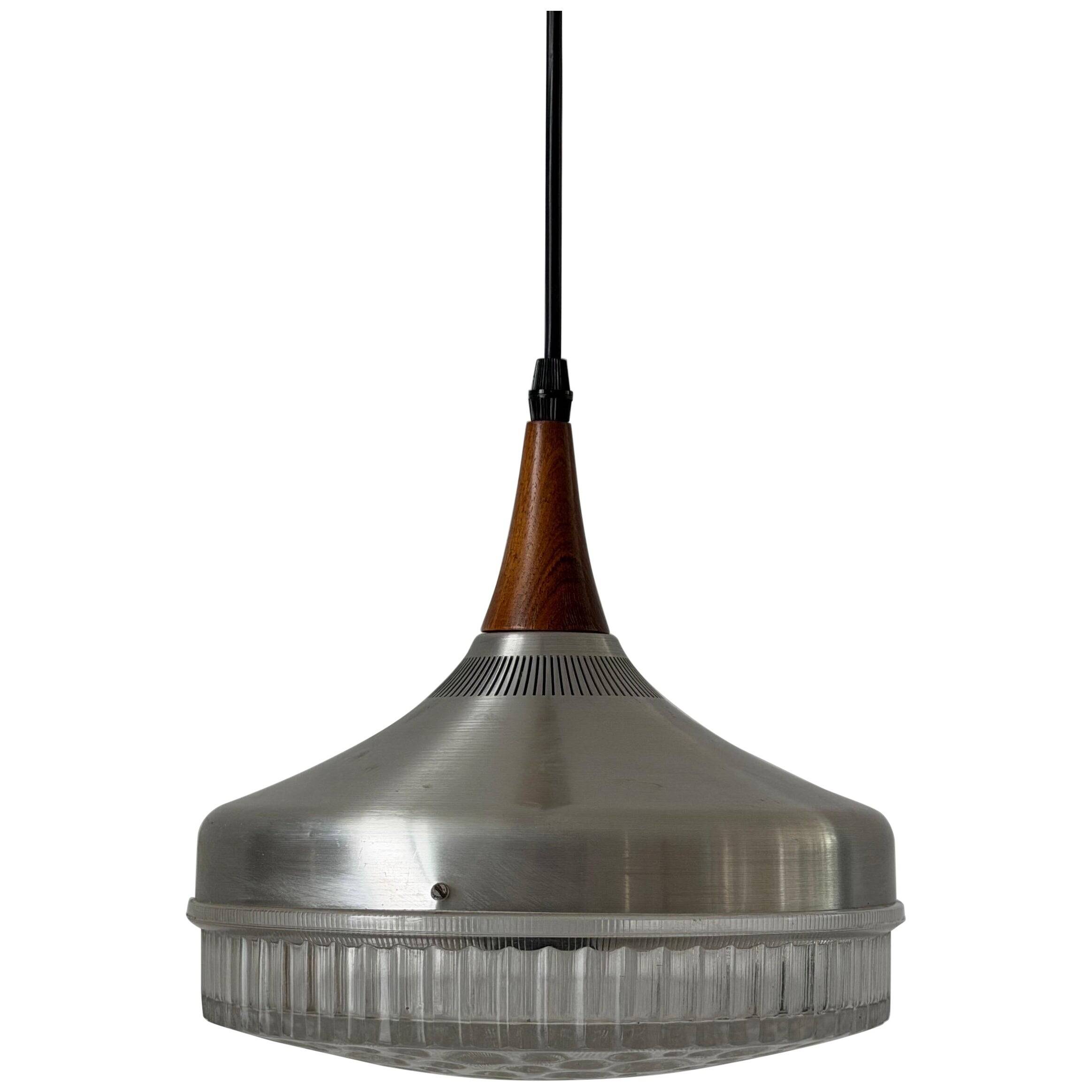 Crystal glass ceiling light with a metal frame and wood details, 1960s, Germany.