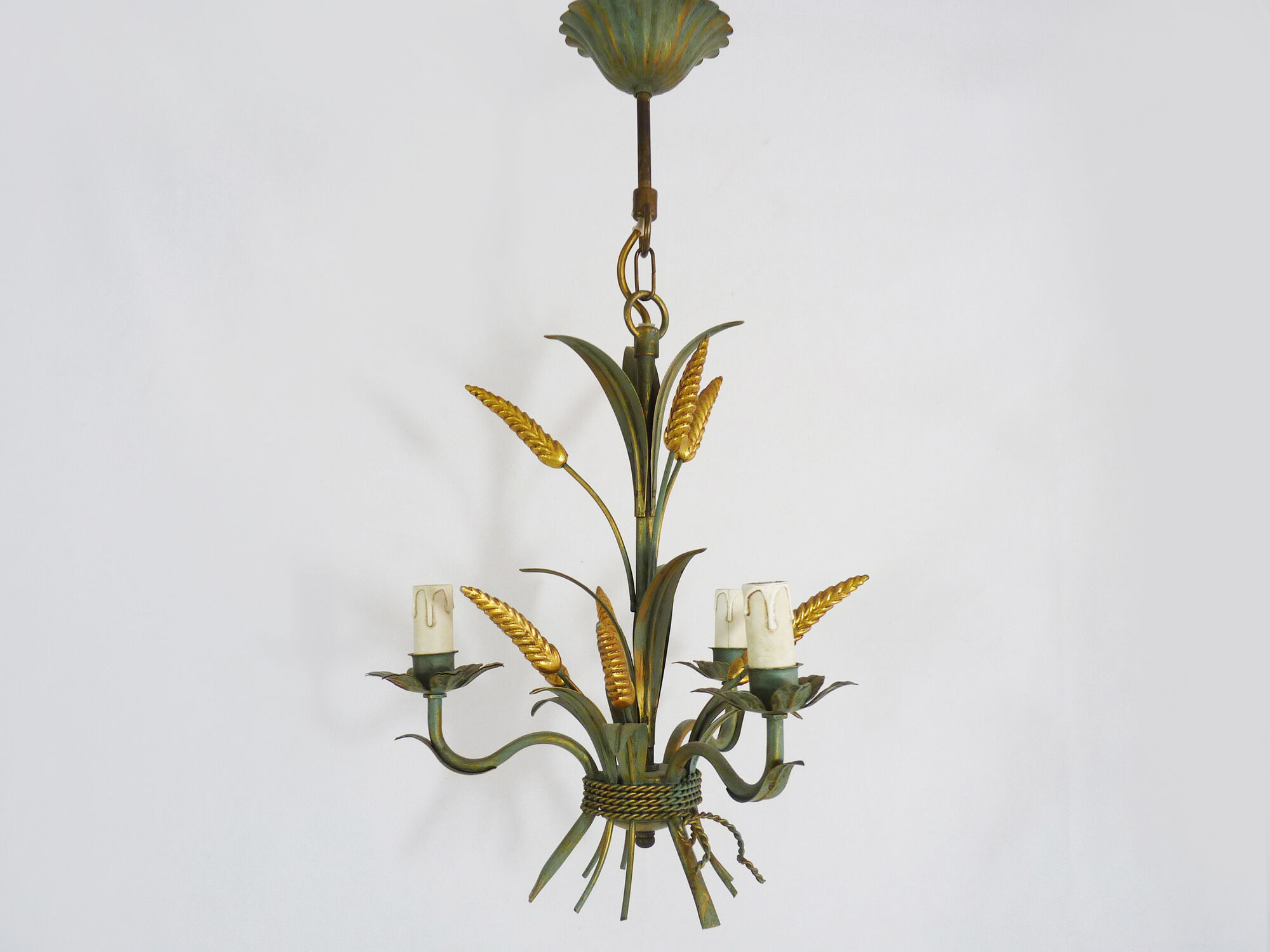 Masca's wheat ear chandelier in aged green and gold metal, 3 fires, year 70/80