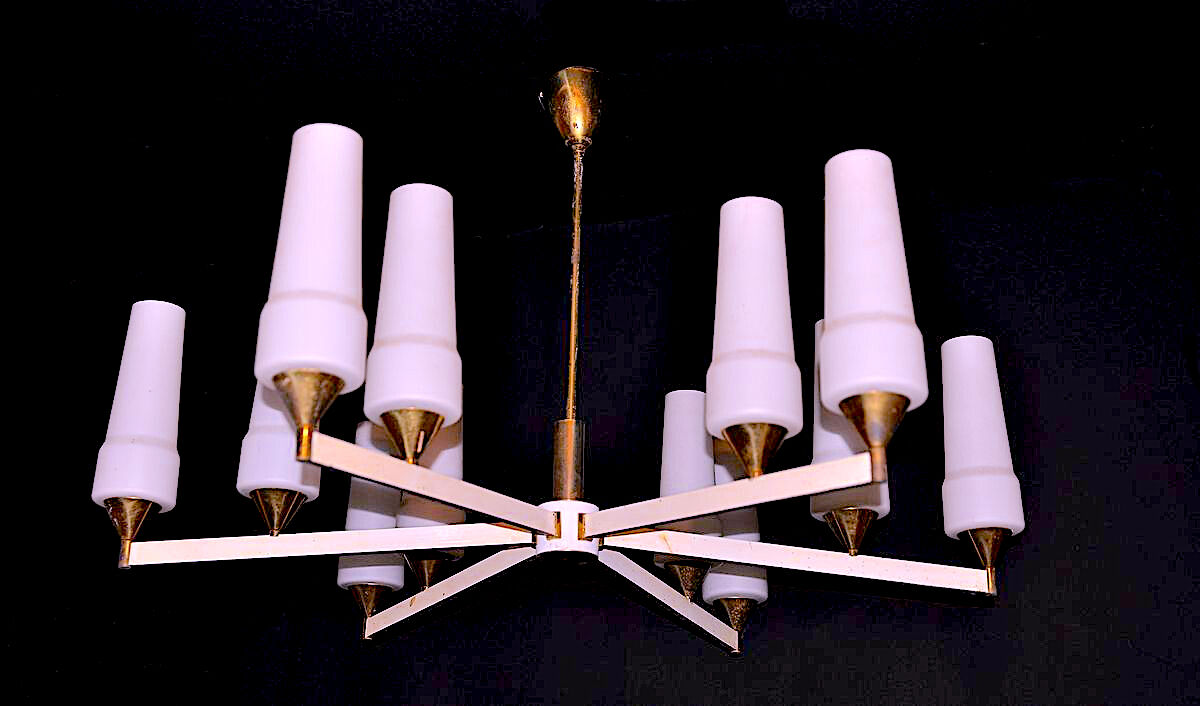 White and brass modernist chandelier, italy 1950's