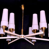 White and brass modernist chandelier, italy 1950's