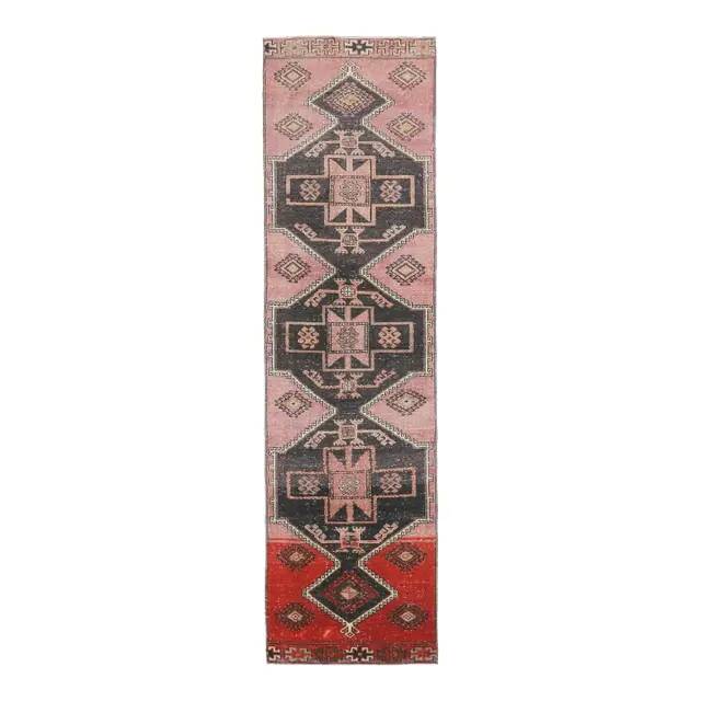 Vintage Turkish hand-knotted wool cotton pink runner 82x312