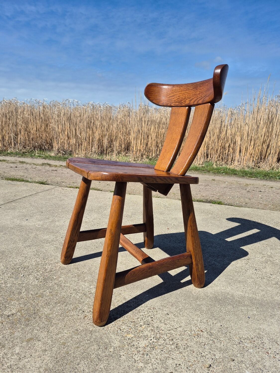 Brutalist set solid oak round dining table 4 chairs Depuydt Belgium