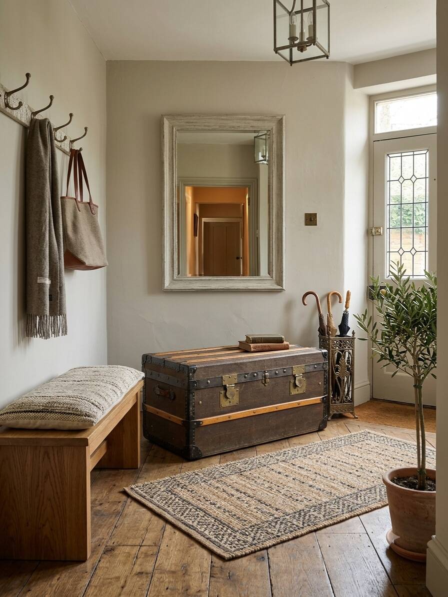 Old travel trunk in oilcloth