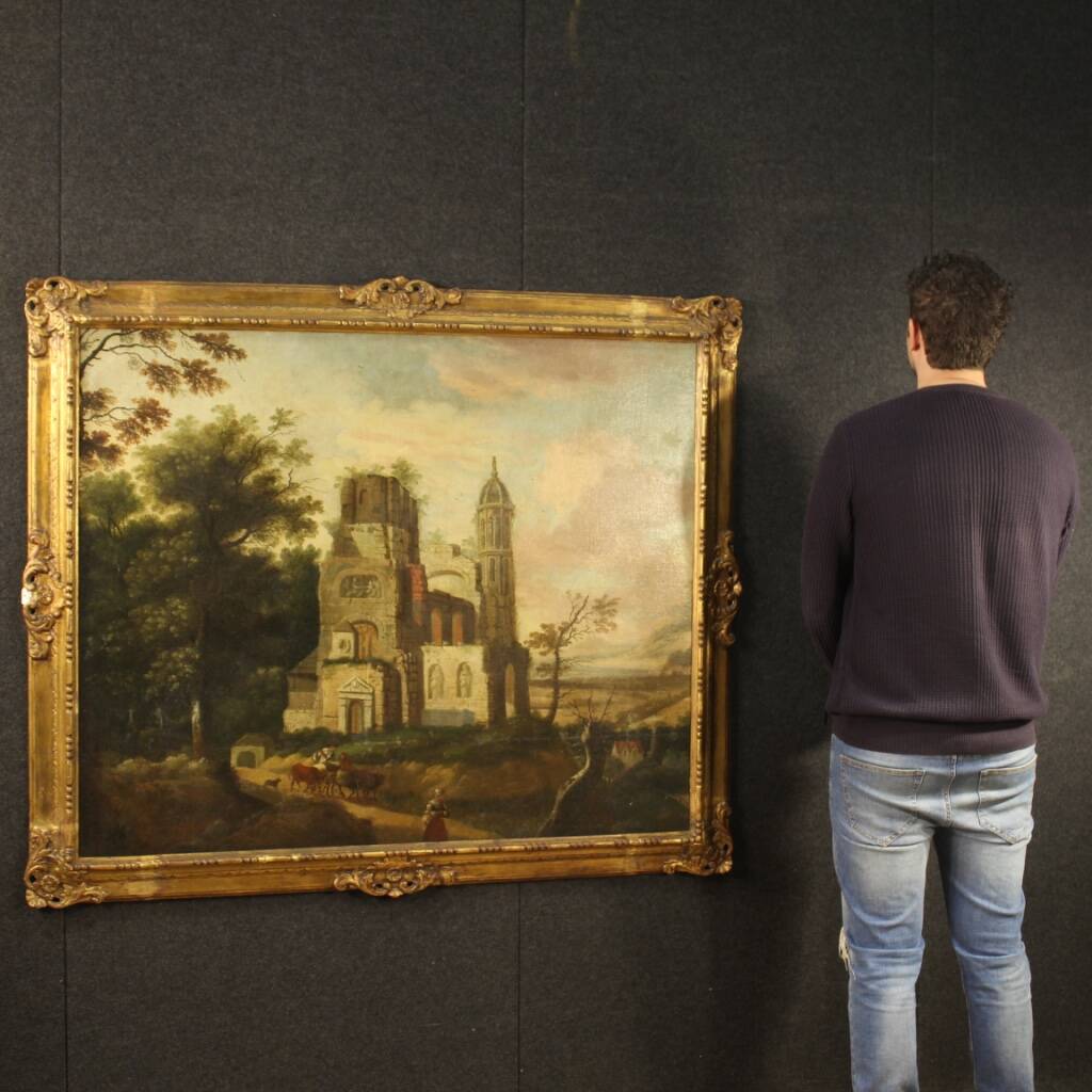 Antique French Oil On Canvas Landscape Painting From The 18th Century
