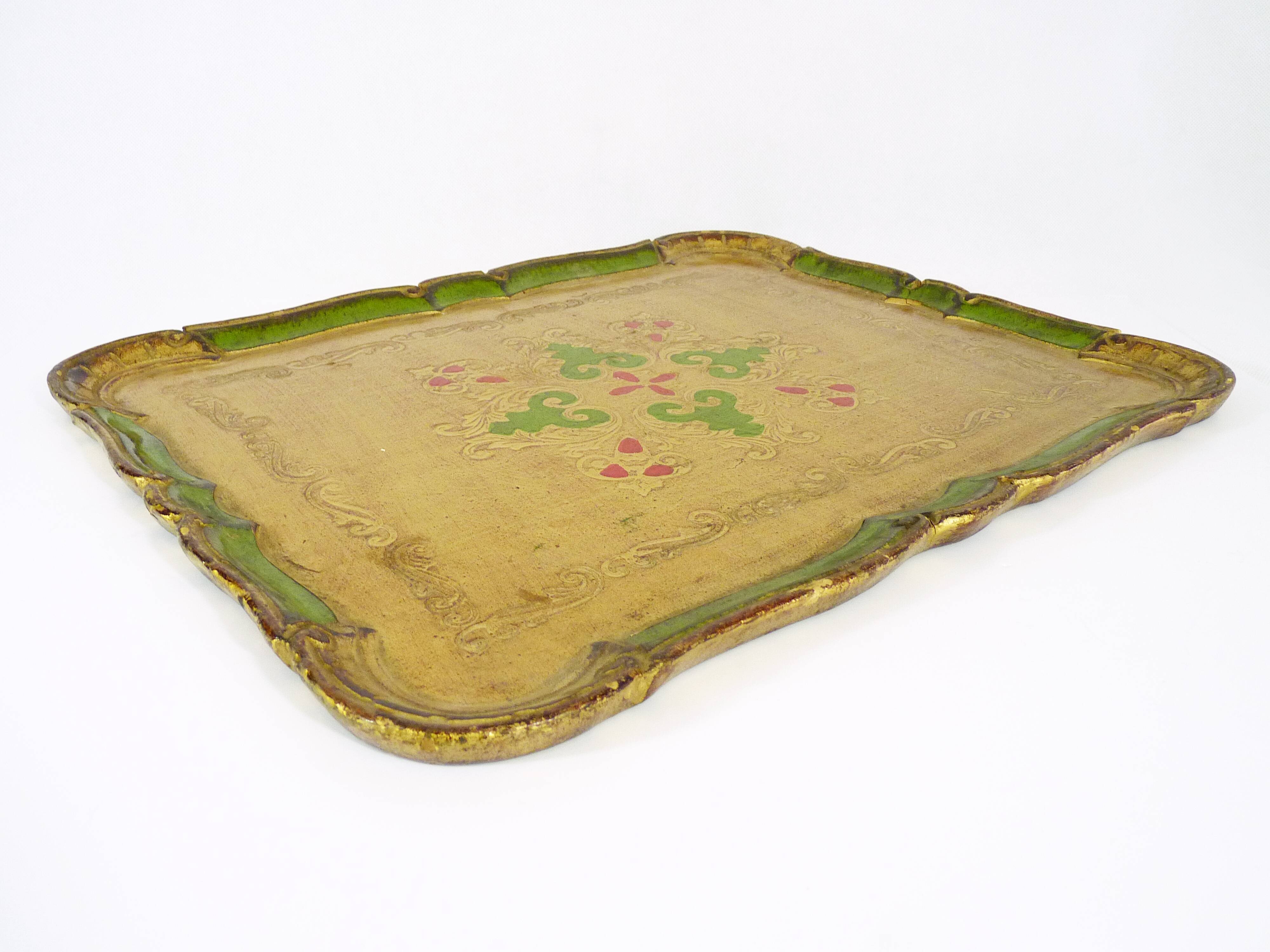 Hand-painted green and gold Florentine tray. Vintage 1950