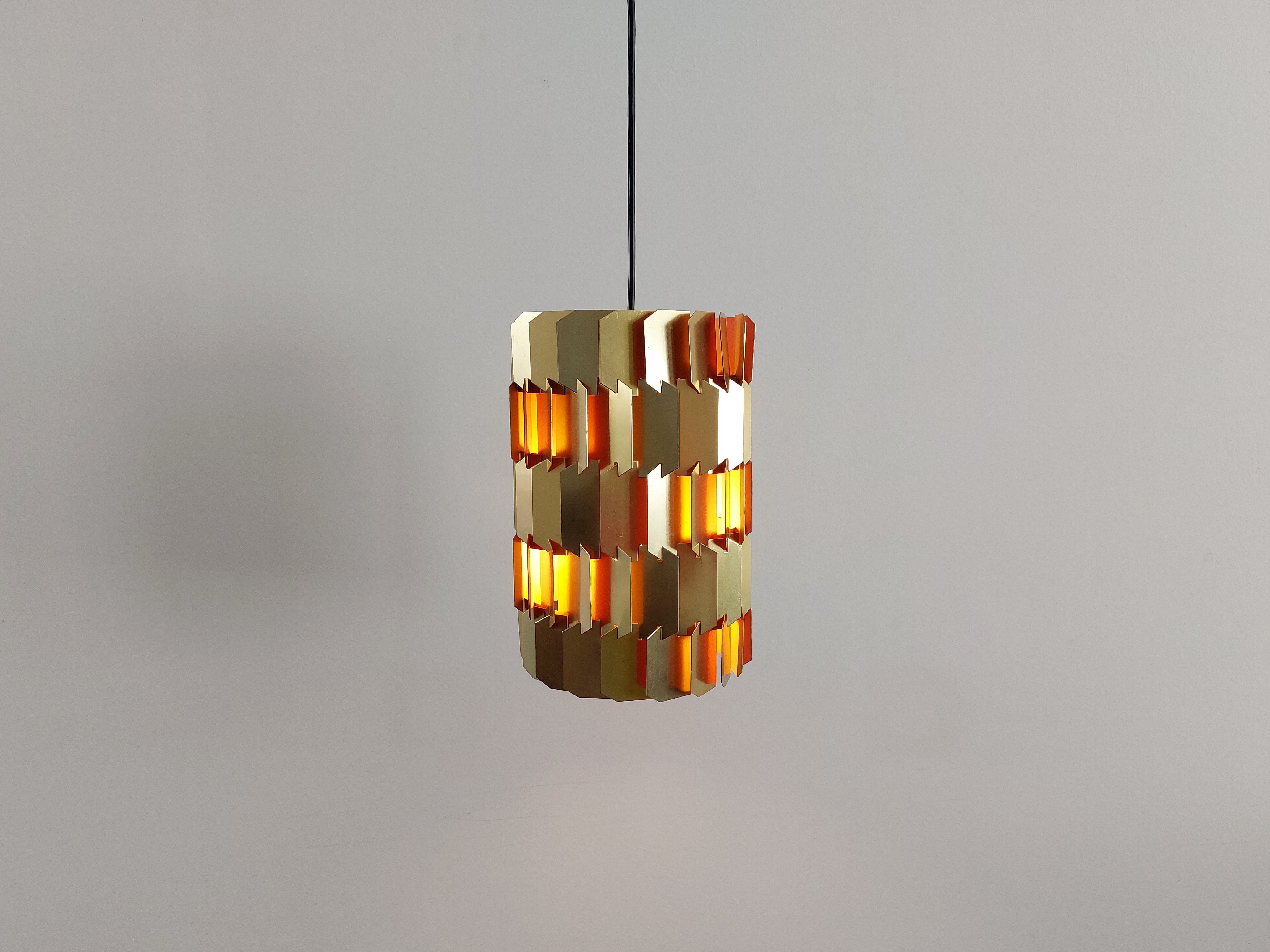 Set of 2 gold and orange 'Facet-pop' pendant lamps by Louis Weisdorf for Lyfa, Denmark 1960's