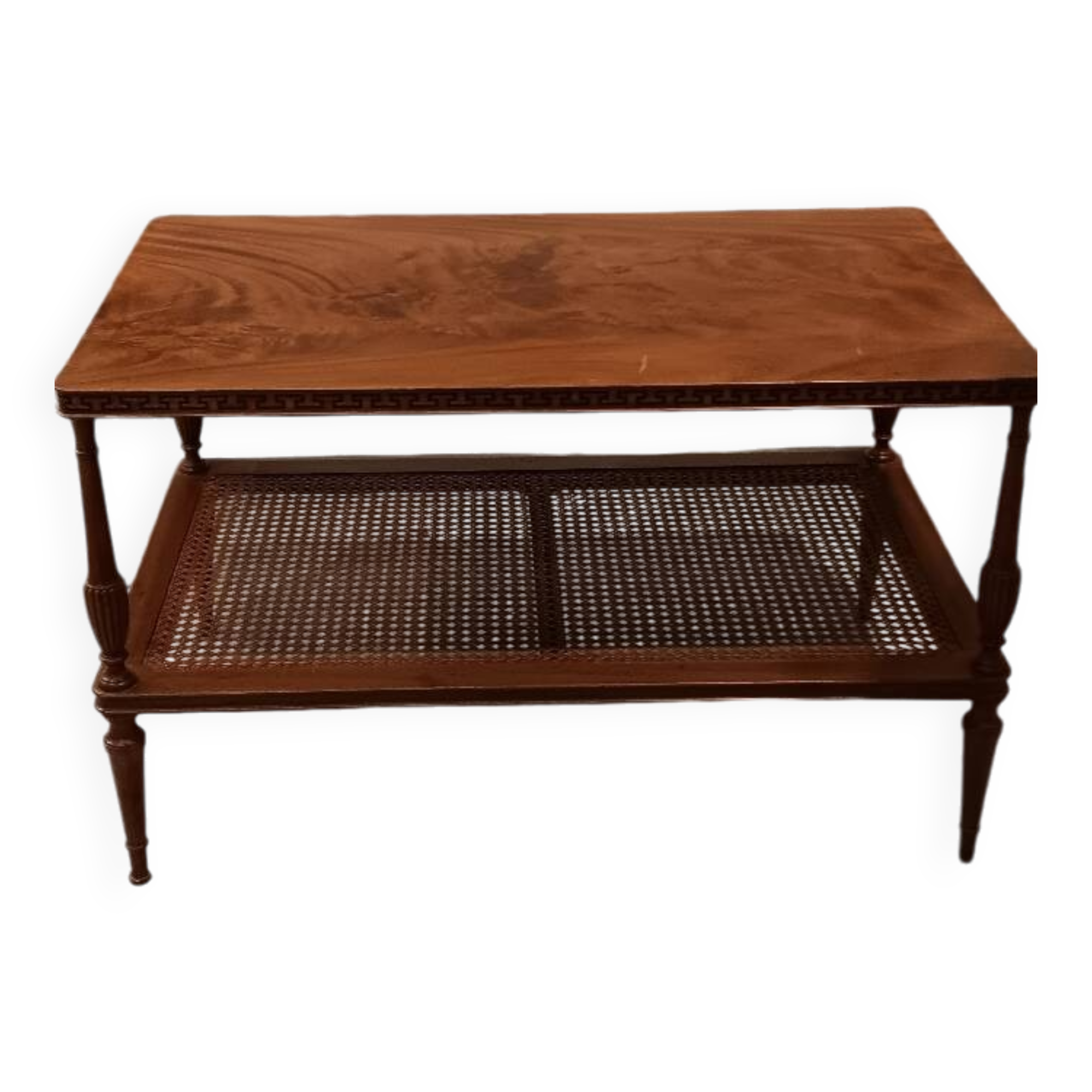 Coffee table / side table in mahogany with a rattan shelf.