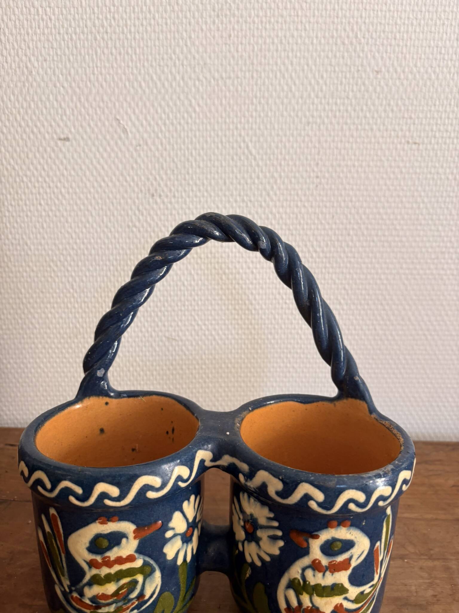 Double Pot Pottery Ceramic Terracotta Blue Bird Alsace Twisted Handle
