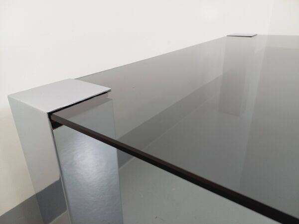 Table basse italienne vintage cidue en verre fumé et métal chromé des années 70