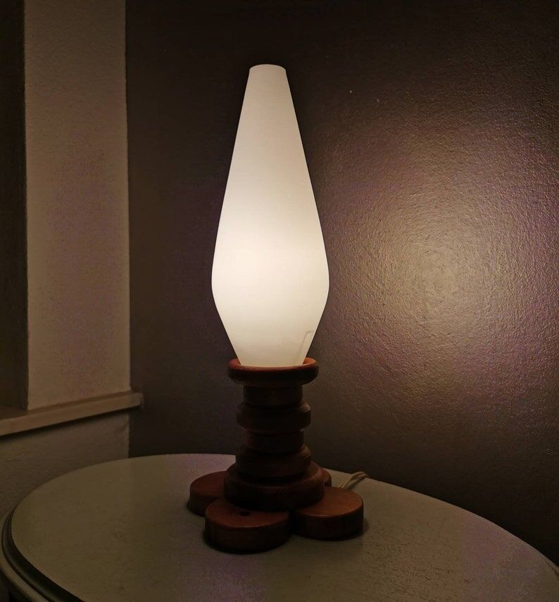 Wooden table lamp with glass chalice, 1970