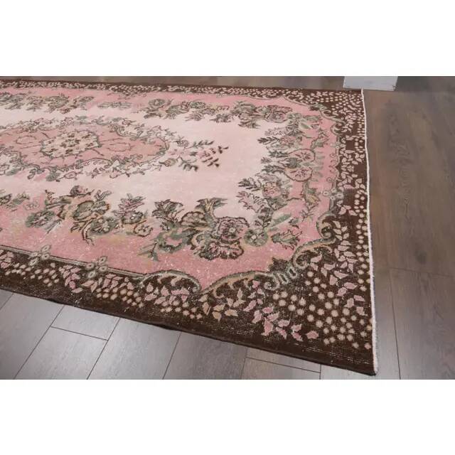 1970s Vintage Turkish Oushak Handmade Wool Cotton Pink Area Rug 173x293