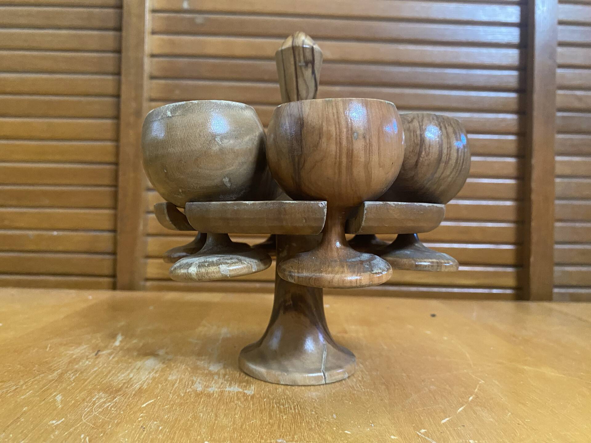 Rotating Display Stand 6 Egg Cups Olive Wood & Teak 1960s Vintage