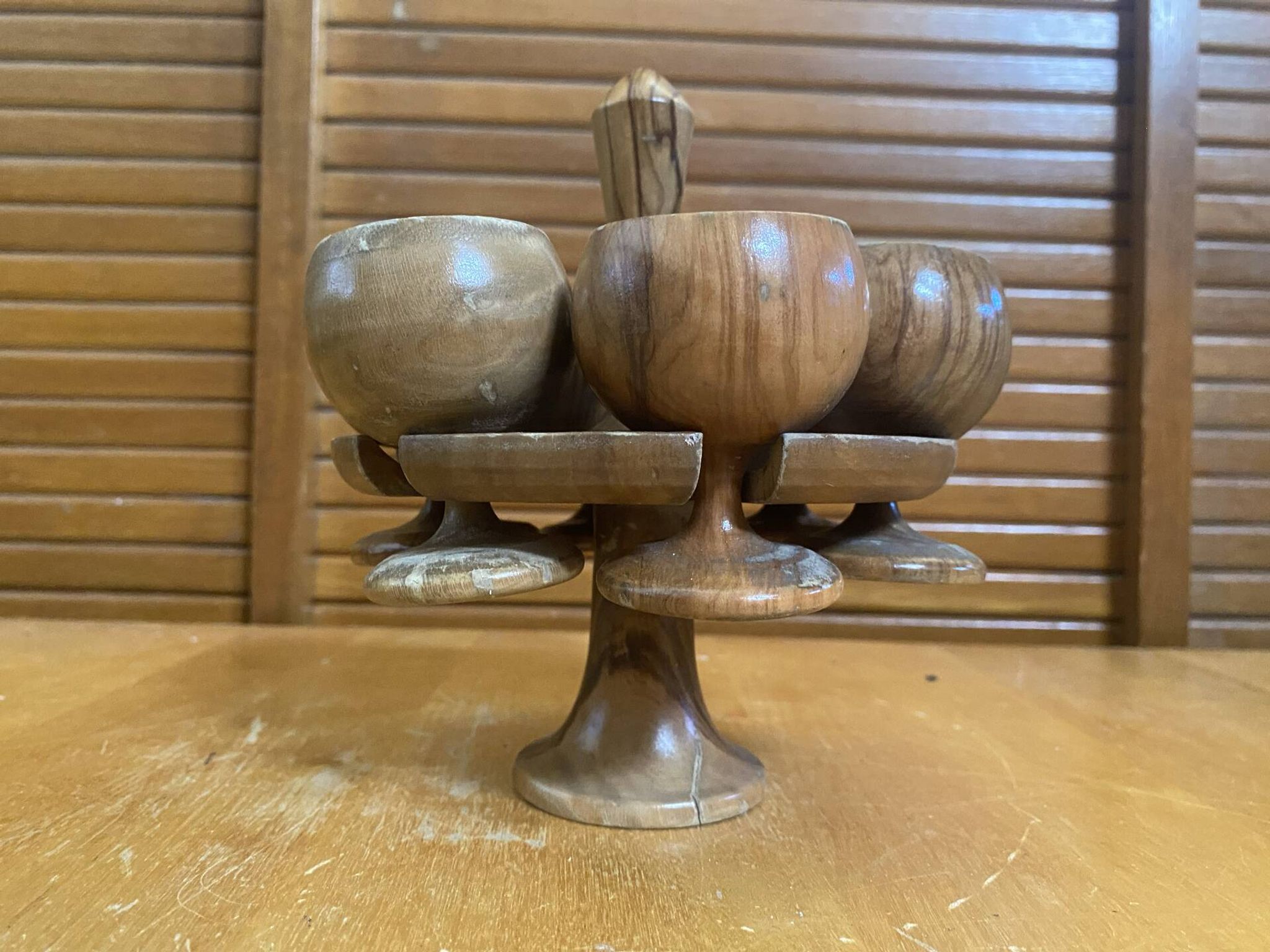Rotating Display Stand 6 Egg Cups Olive Wood & Teak 1960s Vintage