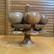 Rotating Display Stand 6 Egg Cups Olive Wood & Teak 1960s Vintage