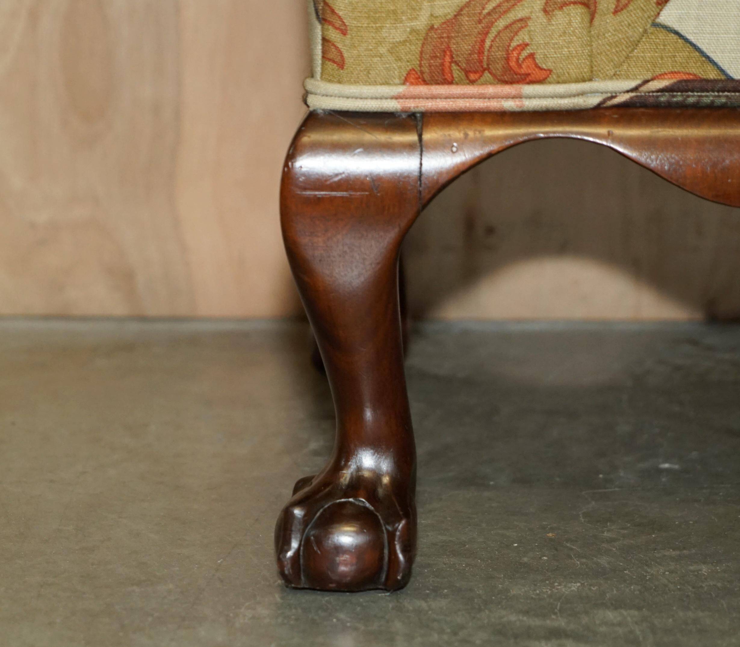 Antique banquette with cluster and ball feet, window seat in Mulberry Flying Ducks fabric.