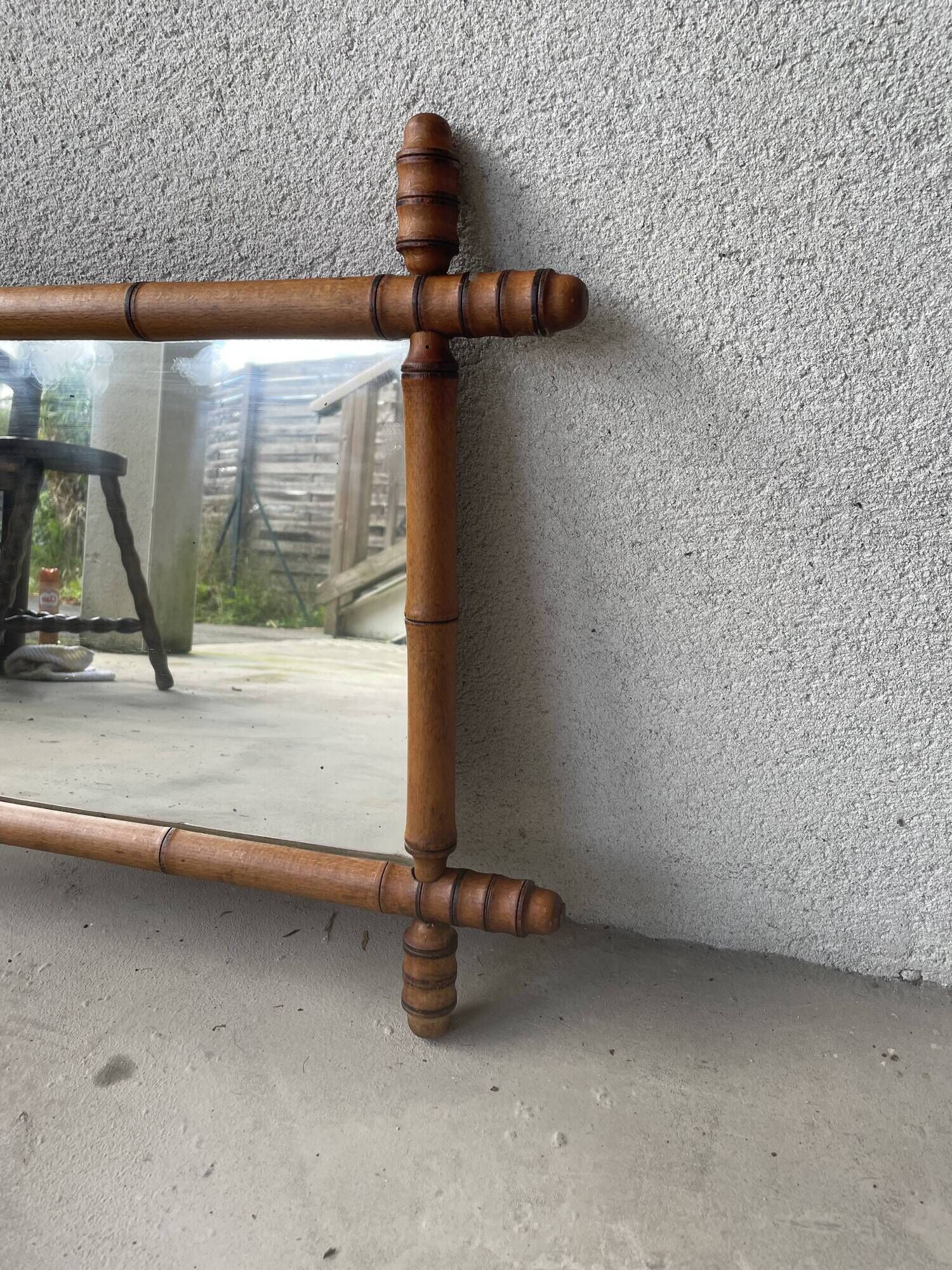 miroir ancien en bois tourné imitation bambou 1940