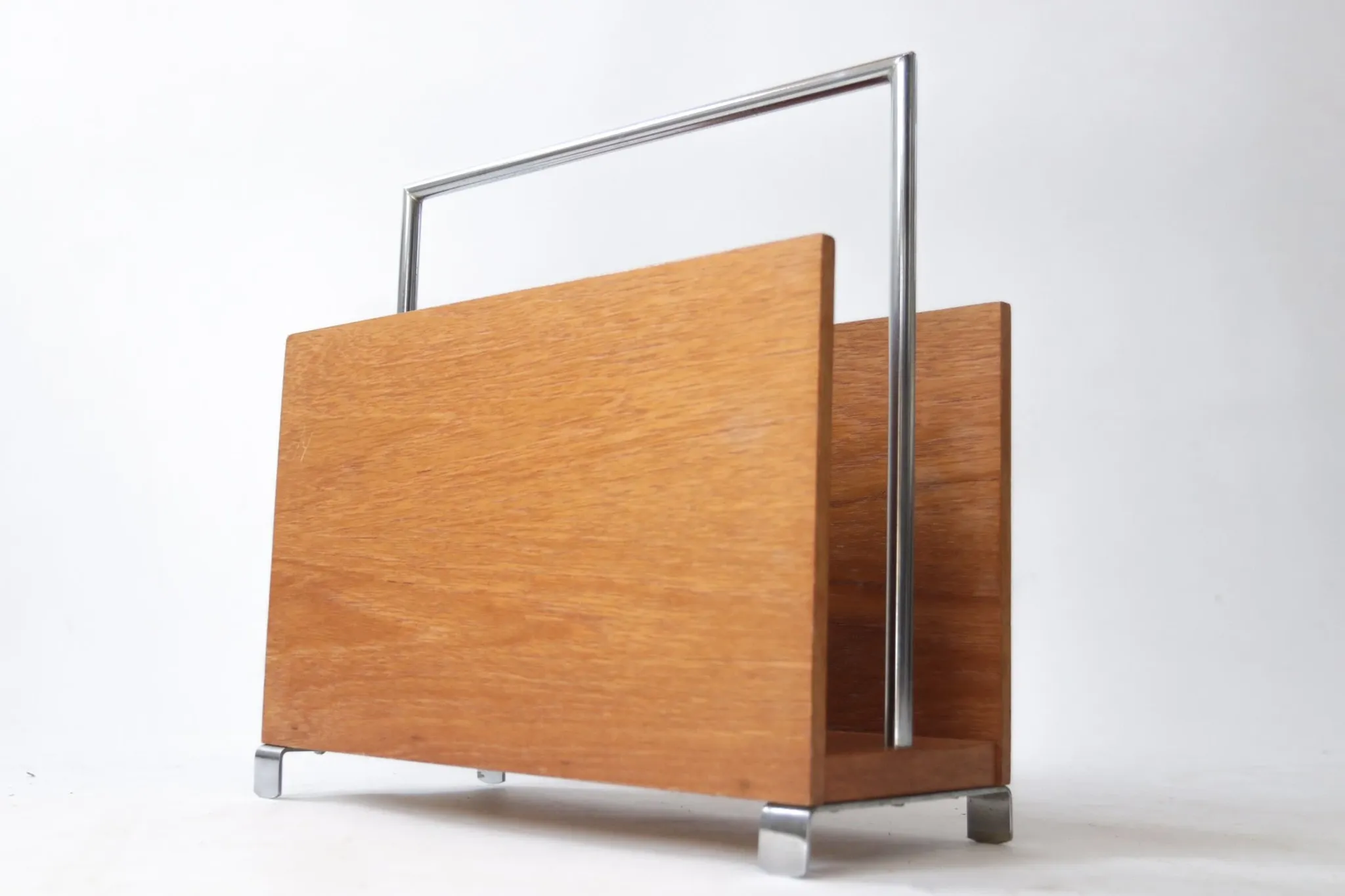 Mid-century modern magazine rack, teak and chrome, 1960s