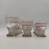 Service de 14 verres vintage, 3 tailles différentes, décors blanc et rouge - Années 1950
