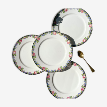 4  Assiettes en porcelaine opaque Digoin motif fleuris "3984"