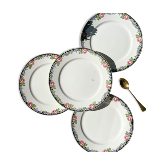 4  Assiettes en porcelaine opaque Digoin motif fleuris "3984"