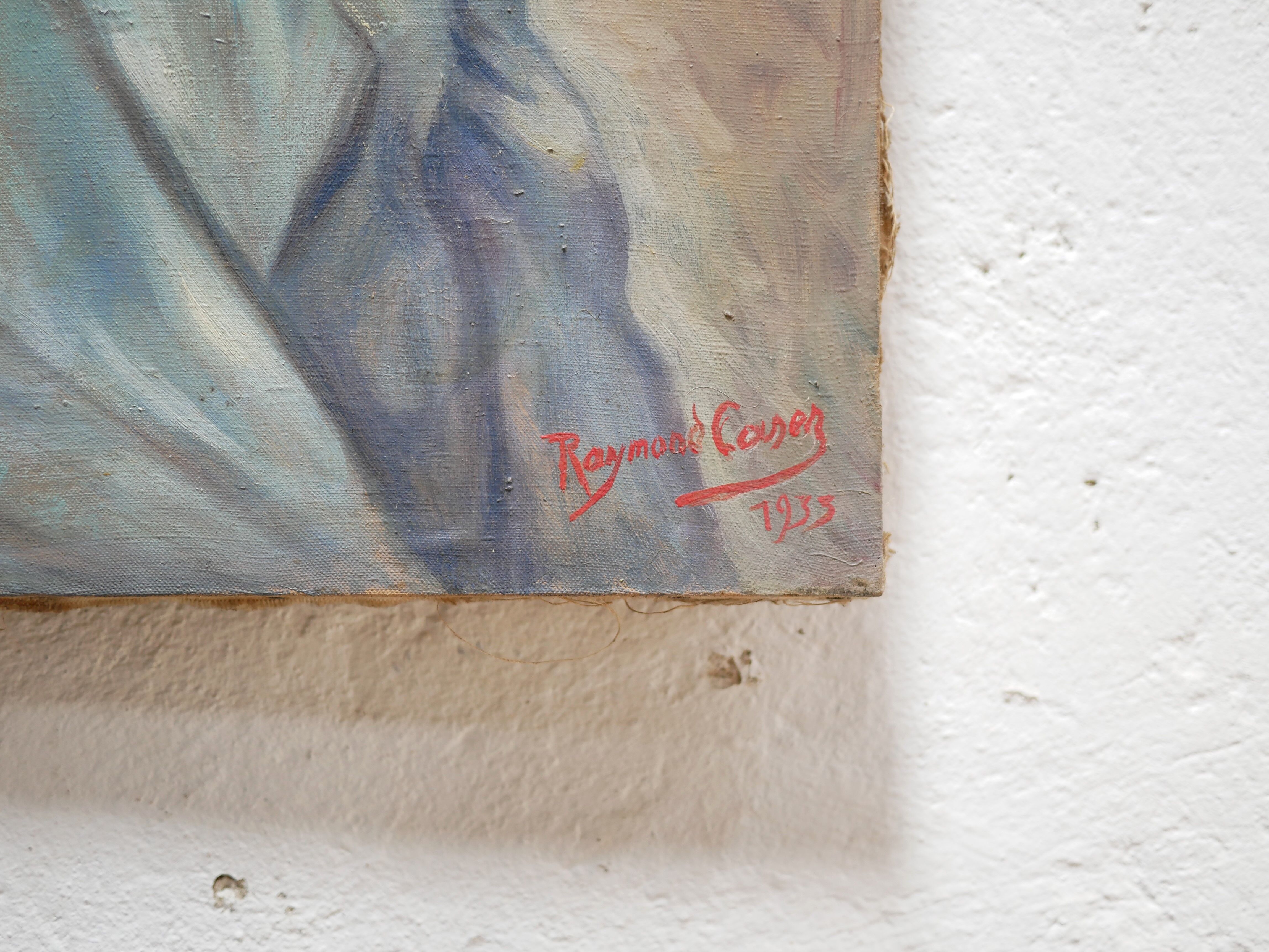 Portrait painting, Painting on old canvas signed Raymond Casez