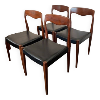 Set of 4 vintage designer chairs in teak and black skai 60's