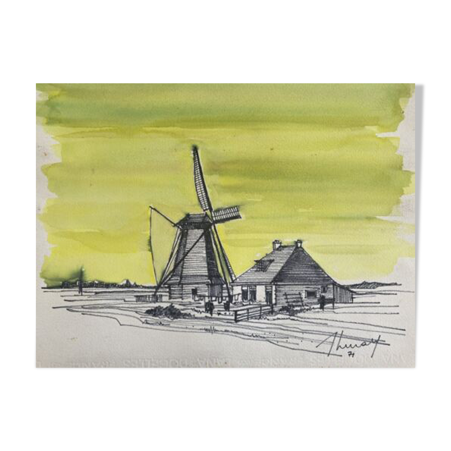 Painting "mill in harlingen" (netherlands) jean-francois devaliere (1926-2021)