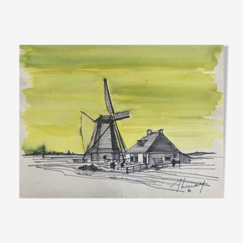 Tableau « moulin à harlingen » (pays bas) jean-francois devaliere (1926-2021)