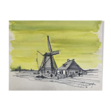 Painting "mill in harlingen" (netherlands) jean-francois devaliere (1926-2021)