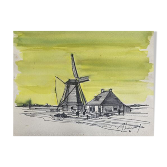 Painting "mill in harlingen" (netherlands) jean-francois devaliere (1926-2021)