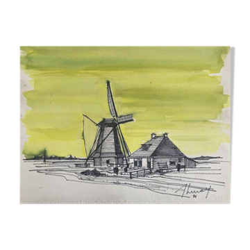 Painting "mill in harlingen" (netherlands) jean-francois devaliere (1926-2021)
