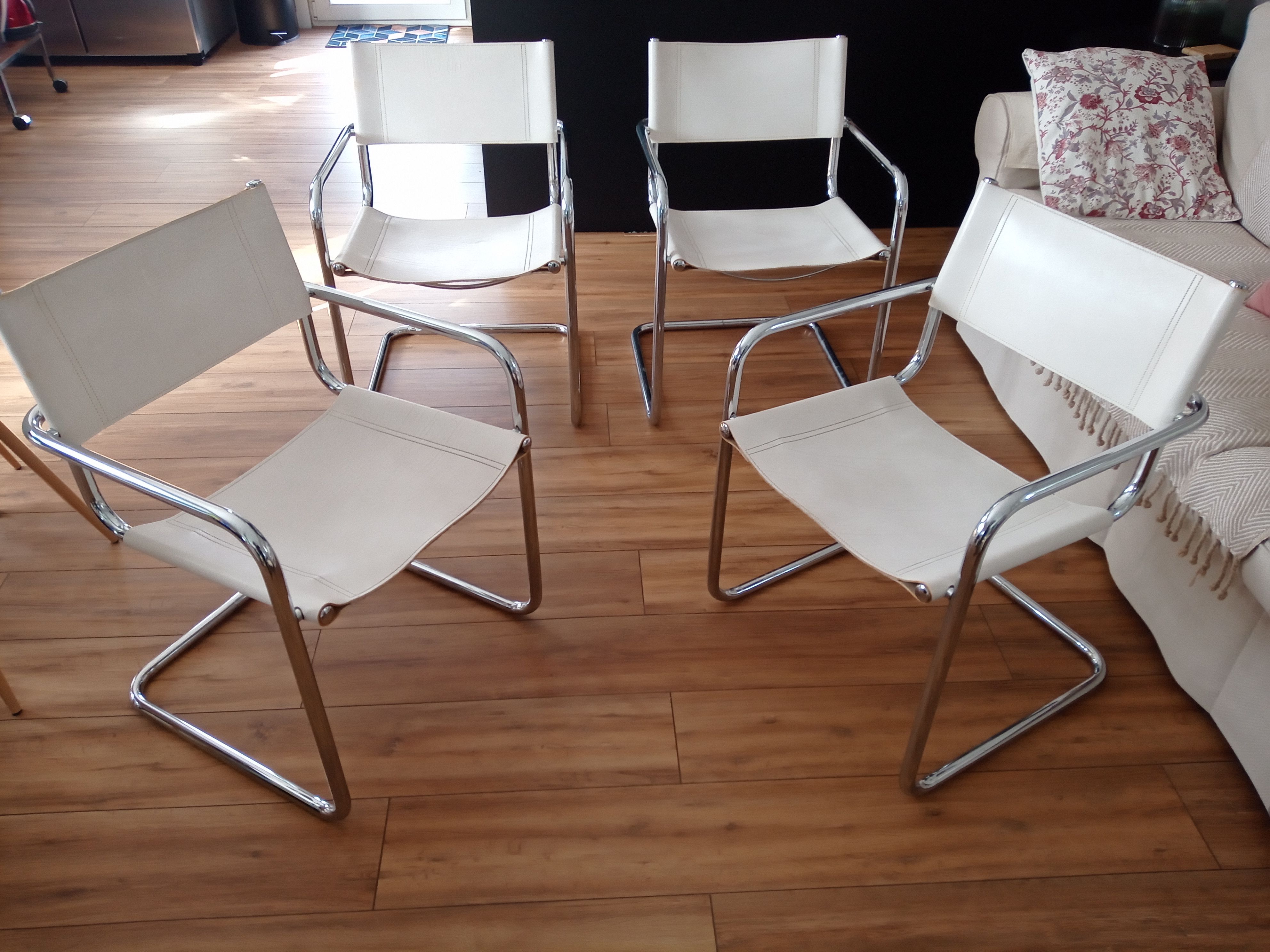Set of 4 Cantilever Bahaus armchairs in off-white leather, chrome tubular base