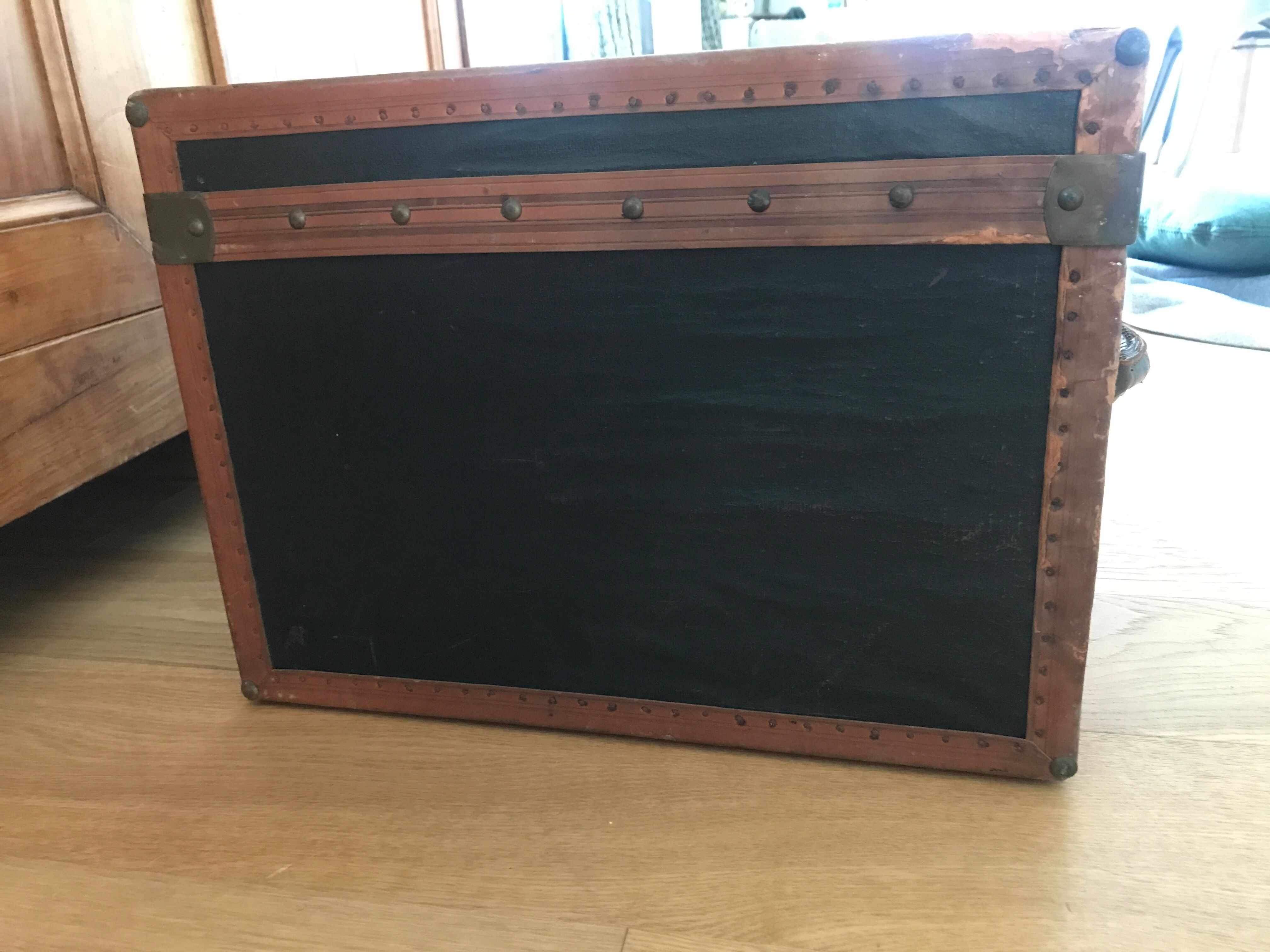 Old square travel trunk J Penet