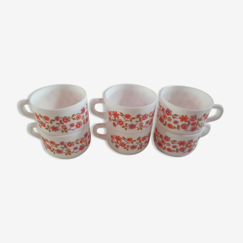 Lot de 6 tasses Arcopal scania, décor de fleurs liberty oranges, années 70