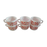 set of 6 vintage Arcopal Scania mugs with small orange liberty flowers from the 70s
