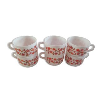 set of 6 vintage Arcopal Scania mugs with small orange liberty flowers from the 70s