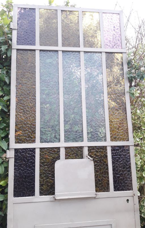 Workshop door 258.4x98.5cm in iron and colored cathedral glass